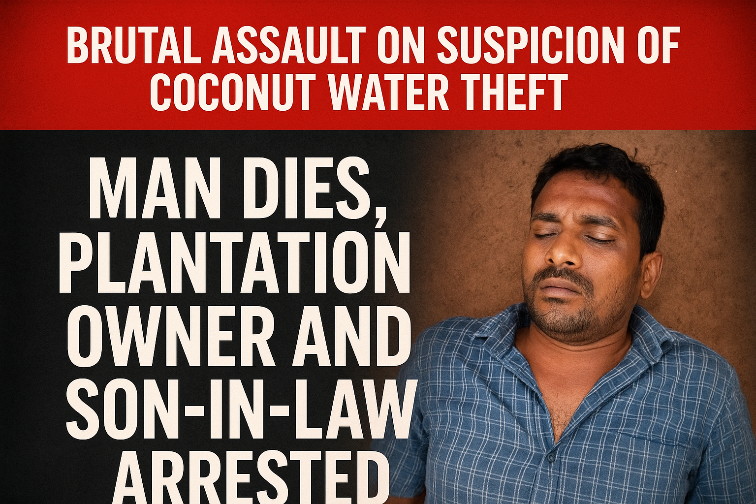 ಎಳನೀರು ಕಳ್ಳತನ ಆರೋಪದಲ್ಲಿ ಕ್ರೂರ ಹಲ್ಲೆ: ವ್ಯಕ್ತಿ ಸಾವನ್ನಪ್ಪಿ, ತೋಟದ ಮಾಲೀಕ-ಅಳಿಯನ ಬಂಧನ